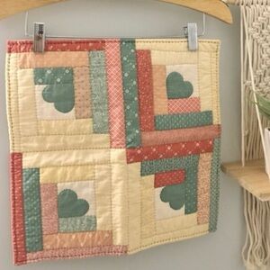 Vintage QUILTED Table Mat Plant Mat Cottagecore Teal Mauve Heart Wall Hanging